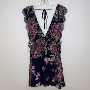 Free People Marnie Printed Black Mini Dress Size L Lace Trim Floral NWT